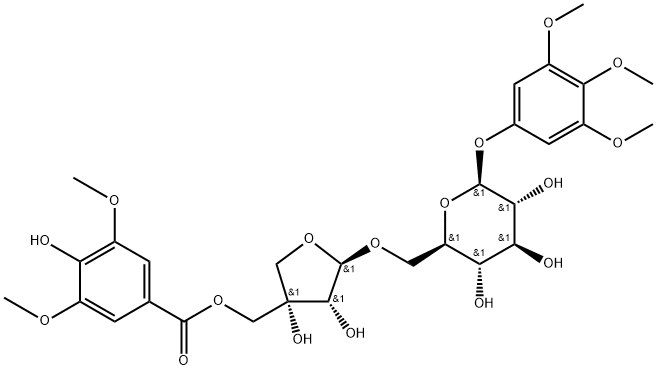 3,4,5-三甲氧基苯基 6-O-[5-O-(4-羟基-3,5-二甲氧基苯甲酰基)-D-芹糖-BETA-D-呋喃糖基]-BETA-D-葡萄糖苷, 1014974-98-1, 结构式