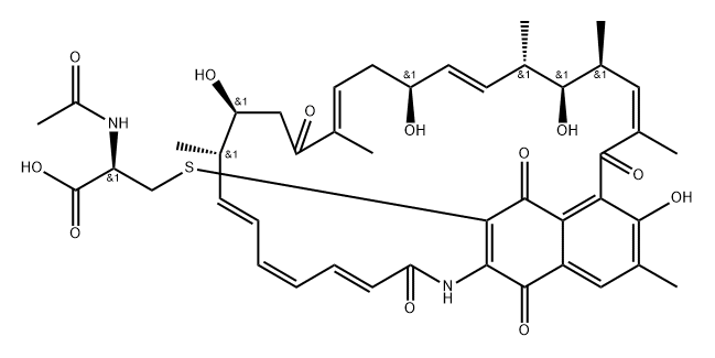 (4E,6Z)-30-[(2-アセチルアミノ-2-カルボキシエチル)チオ]-30-デクロロ-2-デメチルナフトマイシンA 化学構造式