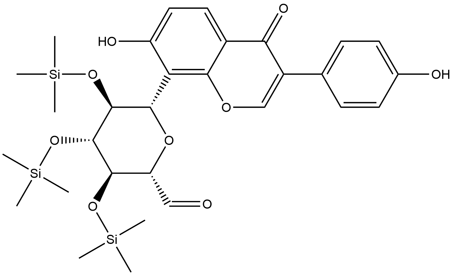 L-Gulose, 2,6-anhydro-6-C-[7-hydroxy-3-(4-hydroxyphenyl)-4-oxo-4H-1-benzopyran-8-yl]-3,4,5-tris-O-(trimethylsilyl)-, (6S)- 化学構造式