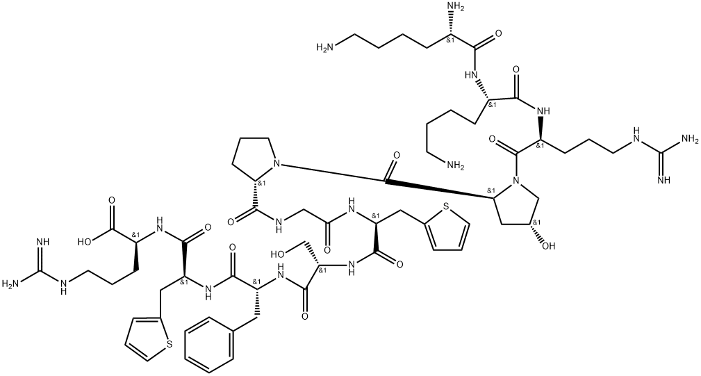 [(2R)-2-[[(2S)-2-[[(2S)-2-amino-3-thiophen-2-yl-propanoyl]amino]-3-hyd roxy-propanoyl]amino]-3-phenyl-propanoyl] (2R,4S)-4-[[(2S)-6-amino-2-[ [(2S)-2,6-diaminohexanoyl]amino]hexanoyl]amino]-2-[[(2S)-2-amino-3-(4- hydroxythiophen-2-yl)propanoyl]-[2-[[(2S)-1-[(2S)-pyrrolidine-2-carbon yl]pyrrolidine-2-carbonyl]amino]acetyl]amino]-7-(diaminomethylideneami no)-2-[3-(diaminomethylideneamino)propyl]-3-oxo-heptanoate Struktur