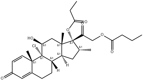 Pregna-1,4-diene-3,20-dione, 9-chloro-11-hydroxy-16-methyl-21-(1-oxobutoxy)-17-(1-oxopropoxy)-, (11β,16α)- (9CI) Struktur