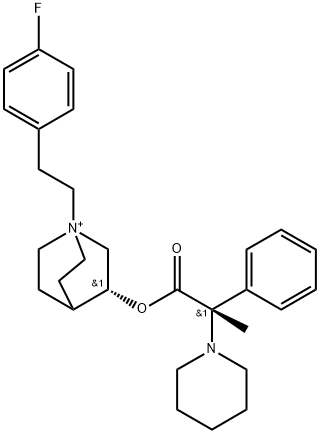 1-(4-フルオロフェネチル)-3β-[(S)-2-フェニル-2-(1-ピペリジニル)プロピオニルオキシ]キヌクリジニウム 化学構造式