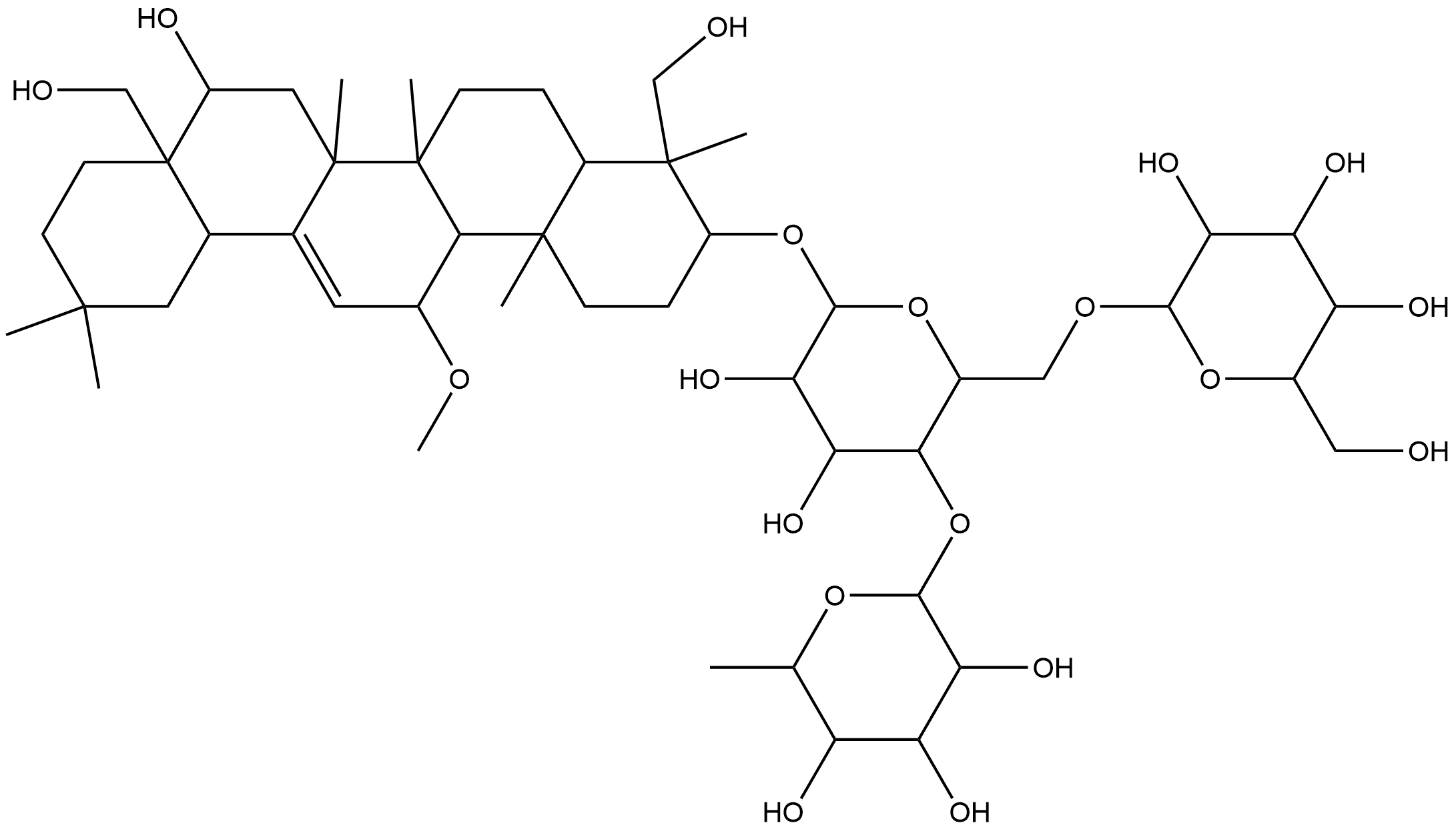 β-D-Glucopyranoside, (3β,4α,11α,16β)-16,23,28-trihydroxy-11-methoxyolean-12-en-3-yl O-6-deoxy-α-L-mannopyranosyl-(1→4)-O-[β-D-glucopyranosyl-(1→6)]-,104109-35-5,结构式
