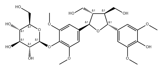 β-D-Glucopyranoside, 2,6-dimethoxy-4-[(2R,3S,4S,5R)-tetrahydro-5-(4-hydroxy-3,5-dimethoxyphenyl)-3,4-bis(hydroxymethyl)-2-furanyl]phenyl Structure