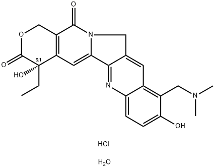 1H-Pyrano[3',4':6,7]indolizino[1,2-b]quinoline-3,14(4H,12H)-dione, 10-[(dimethylamino)methyl]-4-ethyl-4,9-dihydroxy-, hydrochloride, hydrate (1:1:1), (4S)- Structure