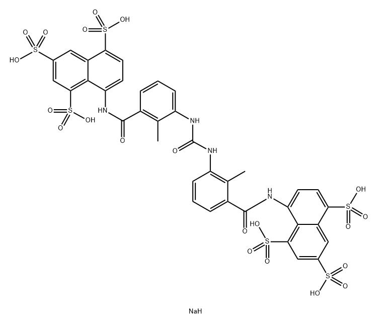 8,8′-[カルボニルビス[イミノ(2-メチル-3,1-フェニレン)カルボニルイミノ]]ビス(1,3,5-ナフタレントリススルホン酸)ヘキサナトリウム 化学構造式