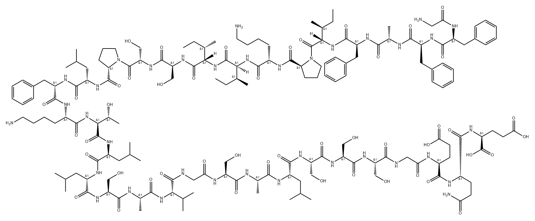L-Glutamic acid, glycyl-L-phenylalanyl-L-phenylalanyl-L-alanyl-L-phenylalanyl-L-isoleucyl-L-prolyl-L-lysyl-L-isoleucyl-L-isoleucyl-L-seryl-L-seryl-L-prolyl-L-leucyl-L-phenylalanyl-L-lysyl-L-threonyl-L-leucyl-L-leucyl-L-seryl-L-alanyl-L-valylglycyl-L-seryl-L-alanyl-L-leucyl-L-seryl-L-seryl-L-serylglycyl-L-α-glutamyl-L-glutaminyl-,104916-49-6,结构式