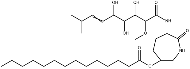 (2R,3R,4S,5R,6E)-3,4,5-トリヒドロキシ-2-メトキシ-8-メチル-N-[[(3S,6S)-ヘキサヒドロ-2-オキソ-6α-(テトラデカノイルオキシ)-1H-アゼピン]-3β-イル]-6-ノネンアミド 化学構造式