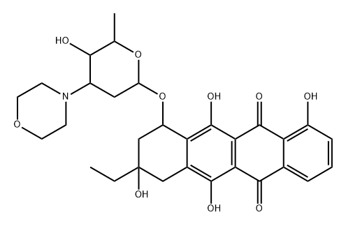 (8S,10S)-8-エチル-7,8,9,10-テトラヒドロ-1,6,8α,11-テトラヒドロキシ-10α-[[2,3,6-トリデオキシ-3-(4-モルホリニル)-α-L-lyxo-ヘキソピラノシル]オキシ]-5,12-ナフタセンジオン 化学構造式