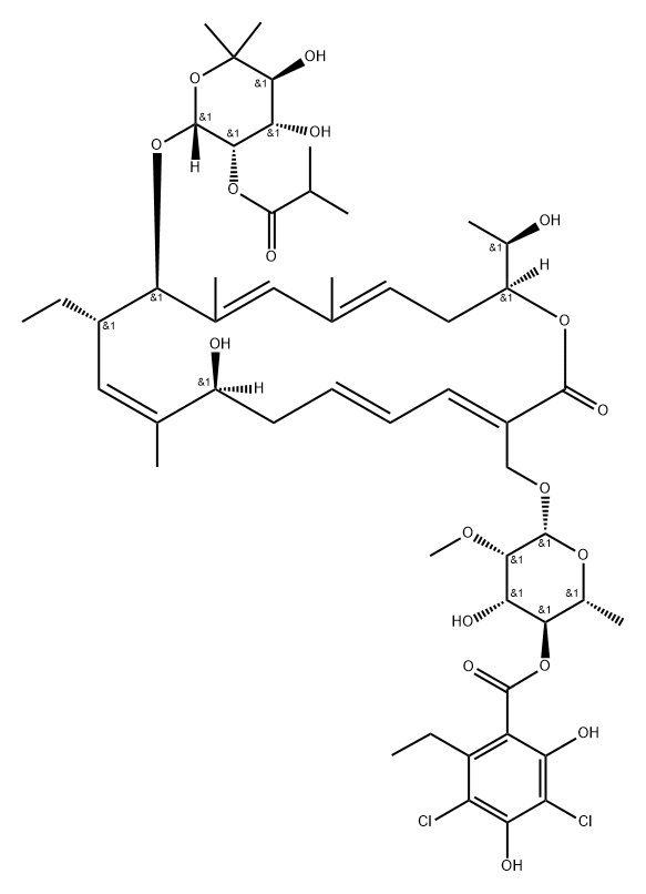 Oxacyclooctadeca-3,5,9,13,15-pentaen-2-one, 3-[[[6-deoxy-4-O-(3,5-dichloro-2-ethyl-4,6-dihydroxybenzoyl)-2-O-methyl-β-D-mannopyranosyl]oxy]methyl]-12-[[6-deoxy-5-C-methyl-2-O-(2-methyl-1-oxopropyl)-β-D-lyxo-hexopyranosyl]oxy]-11-ethyl-8-hydroxy-18-[(1R)-1-hydroxyethyl]-9,13,15-trimethyl-, (3E,5E,8S,9E,11S,12R,13E,15E,18S)- Structure