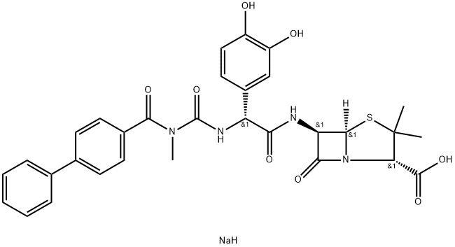 2-(3'-(4-phenylphenylcarbonyl)-3'-methyl-1'-ureido)-2-(3,4-dihydroxyphenyl)acetamidopenicillanate Structure