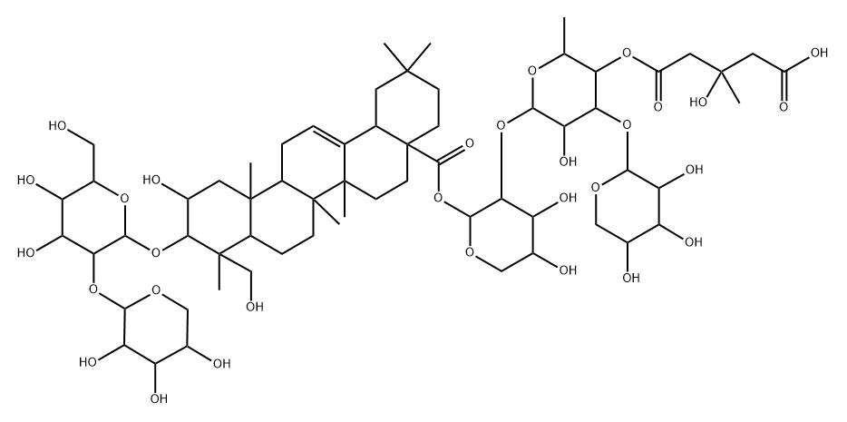 Olean-12-en-28-oic acid, 3-[(2-O-α-L-arabinopyranosyl-β-D-glucopyranosyl)oxy]-2,23-dihydroxy-, O-β-D-xylopyranosyl-(1→3)-O-4-O-(4-carboxy-3-hydroxy-3-methyl-1-oxobutyl)-6-deoxy-α-L-mannopyranosyl-(1→2)-α-L-arabinopyranosyl ester, [2β,3β,4α,28(S)]- (9CI) Structure