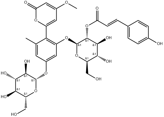 2H-Pyran-2-one, 6-[4-(β-D-glucopyranosyloxy)-2-[[2-O-[(2E)-3-(4-hydroxyphenyl)-1-oxo-2-propen-1-yl]-β-D-glucopyranosyl]oxy]-6-methylphenyl]-4-methoxy- Structure