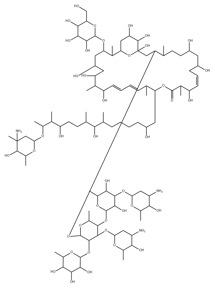 16,35-Dioxabicyclo[29.3.1]pentatriaconta-11,19,21-trien-15-one, 3-[[O-3-amino-2,3,6-trideoxy-β-D-arabino-hexopyranosyl-(1→3)-O-[O-3-amino-2,3,6-trideoxy-β-D-arabino-hexopyranosyl-(1→3)-O-6-deoxy-β-D-glucopyranosyl-(1→4)]-O-[6-deoxy-β-D-glucopyranosyl-(1→2)]-6-deoxy-β-D-glucopyranosyl]oxy]-17-[14-[(3-amino-2,3,6-trideoxy-3-C-methyl-α-L-lyxo-hexopyranosyl)oxy]-2,8,12-trihydroxy-7,9,13-trimethylpentadecyl]-29-(β-D-glucopyranosyloxy)-1,7,9,13,23,25,27,33,34-nonahydroxy-4,14-18,24,30-pentamethyl- Structure