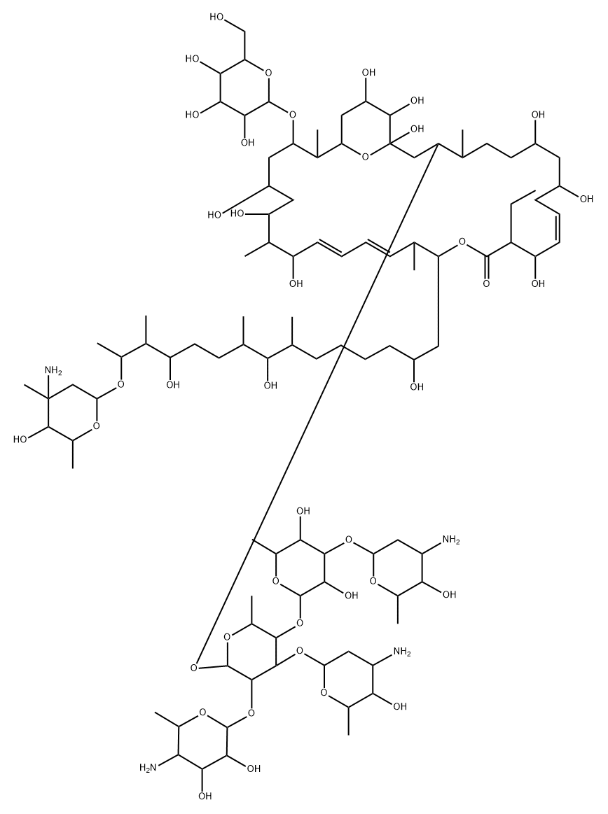 16,35-Dioxabicyclo[29.3.1]pentatriaconta-11,19,21-trien-15-one, 3-[[O-4-amino-4,6-dideoxy-β-D-glucopyranosyl-(1→2)-O-[3-amino-2,3,6-trideoxy-β-D-arabino-hexopyranosyl-(1→3)]-O-[O-3-amino-2,3,6-trideoxy-β-D-arabino-hexopyranosyl-(1→3)-O-6-deoxy-β-D-glucopyranosyl-(1→4)]-6-deoxy-β-D-glucopyranosyl]oxy]-17-[14-[(3-amino-2,3,6-trideoxy-3-C-methyl-α-L-lyxo-hexopyranosyl)oxy]-2,8,12-trihydroxy-7,9,13-trimethylpentadecyl]-14-ethyl-29-(β-D-glucopyranosyloxy)-1,7,9,13,23,25,27,33,34-nonahydroxy-4,18,24,30-tetramethyl- Structure