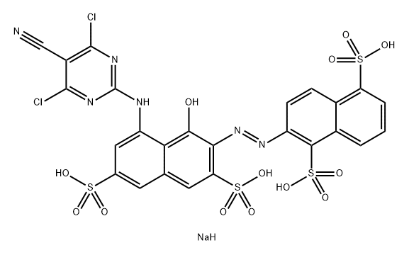 1,5-Naphthalenedisulfonicacid,2-[2-[8-[(4,6-dichloro-5-cyano-2-pyrimidinyl)amino]-1-hydroxy-3,6-disulfo-2-naphthalenyl]diazenyl]-,sodium salt (1:4) Struktur