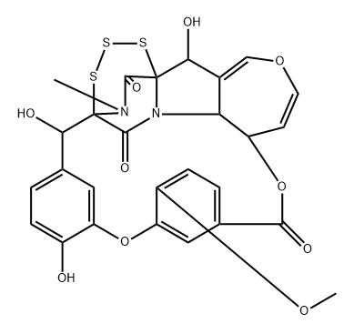 2H,8H,20H,22H-1,21-Epitrithio-21,1-(iminomethano)-9,13:15,19-dimetheno-4,7,14-trioxa-22a-azacyclononadec[cd]azulene-8,22,27-trione, 6a,22b-dihydro-2,16,20-trihydroxy-12-methoxy-26-methyl-, (1R,2R,6aS,20S,21aR,22bS)-,107395-35-7,结构式