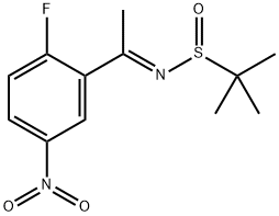 2-Propanesulfinamide, N-[1-(2-fluoro-5-nitrophenyl)ethylidene]-2-methyl-, [N(E),S(R)]- 化学構造式