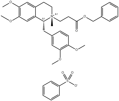 Isoquinolinium, 1-[(3,4-dimethoxyphenyl)methyl]-1,2,3,4-tetrahydro-6,7-dimethoxy-2-methyl-2-[3-oxo-3-(phenylmethoxy)propyl]-, (1R,2R)-, benzenesulfonate (1:1) 化学構造式