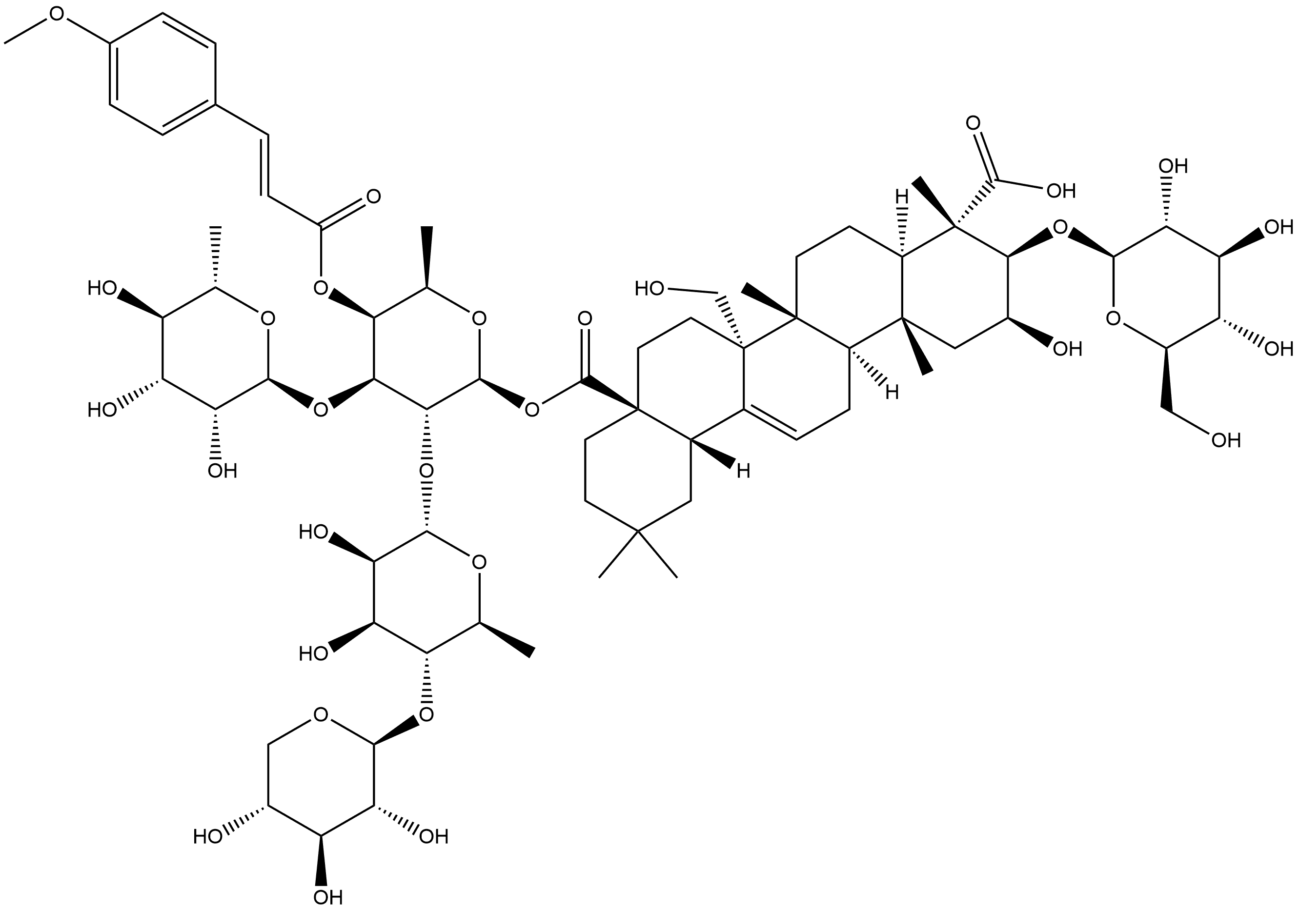 Olean-12-ene-23,28-dioic acid, 3-(β-D-glucopyranosyloxy)-2,27-dihydroxy-, 28-[O-β-D-xylopyranosyl-(1→4)-O-6-deoxy-α-L-mannopyranosyl-(1→2)-O-[6-deoxy-α-L-mannopyranosyl-(1→3)]-6-deoxy-4-O-[(2E)-3-(4-methoxyphenyl)-1-oxo-2-propen-1-yl]-β-D-galactopyranosyl] ester, (2β,3β,4α)- Structure