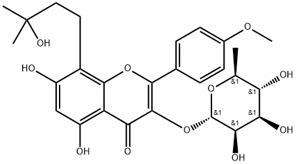 4H-1-Benzopyran-4-one, 3-[(6-deoxy-α-L-mannopyranosyl)oxy]-5,7-dihydroxy-8-(3-hydroxy-3-methylbutyl)-2-(4-methoxyphenyl)- Struktur