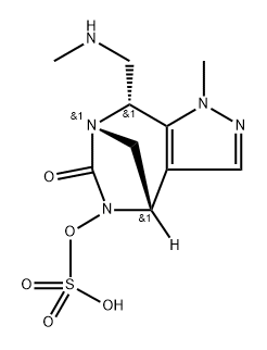 rel-(4R,7R,8S)-1,4,5,8-Tetrahydro-1-methyl-8- [(methylamino)methyl]-5-(sulfooxy)-6H-4,7- methanopyrazolo[3,4-e][1,3]diazepin-6-one Struktur