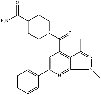 1-(1,3-dimethyl-6-phenyl-1H-pyrazolo[3,4-b]pyridin-4-carbonyl)piperidin-4-carboxylic acid amide Struktur