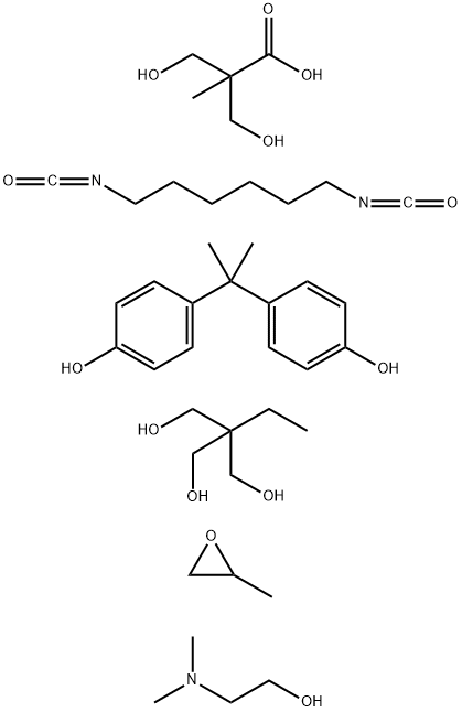 Propanoic acid, 3-hydroxy-2-(hydroxymethyl)-2-methyl-, polymer with 1,6-diisocyanatohexane, 2-ethyl-2-(hydroxymethyl)-1,3-propanediol, 4,4'-(1-methylethylidene)bis[phenol] and methyloxirane, compd. with 2-(dimethylamino)ethanol,109066-19-5,结构式