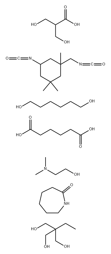 Hexanedioic acid, polymer with 2-ethyl-2-(hydroxymethyl)-1,3-propanediol, 1,6-hexanediol, 3-hydroxy-2-(hydroxymethyl)propanoic acid and 5-isocyanato-1-(isocyanatomethyl) -1,3,3-trimethylcyclohexane, caprolactam-blocked, compd. with 2-(dimethylamino)ethano 结构式