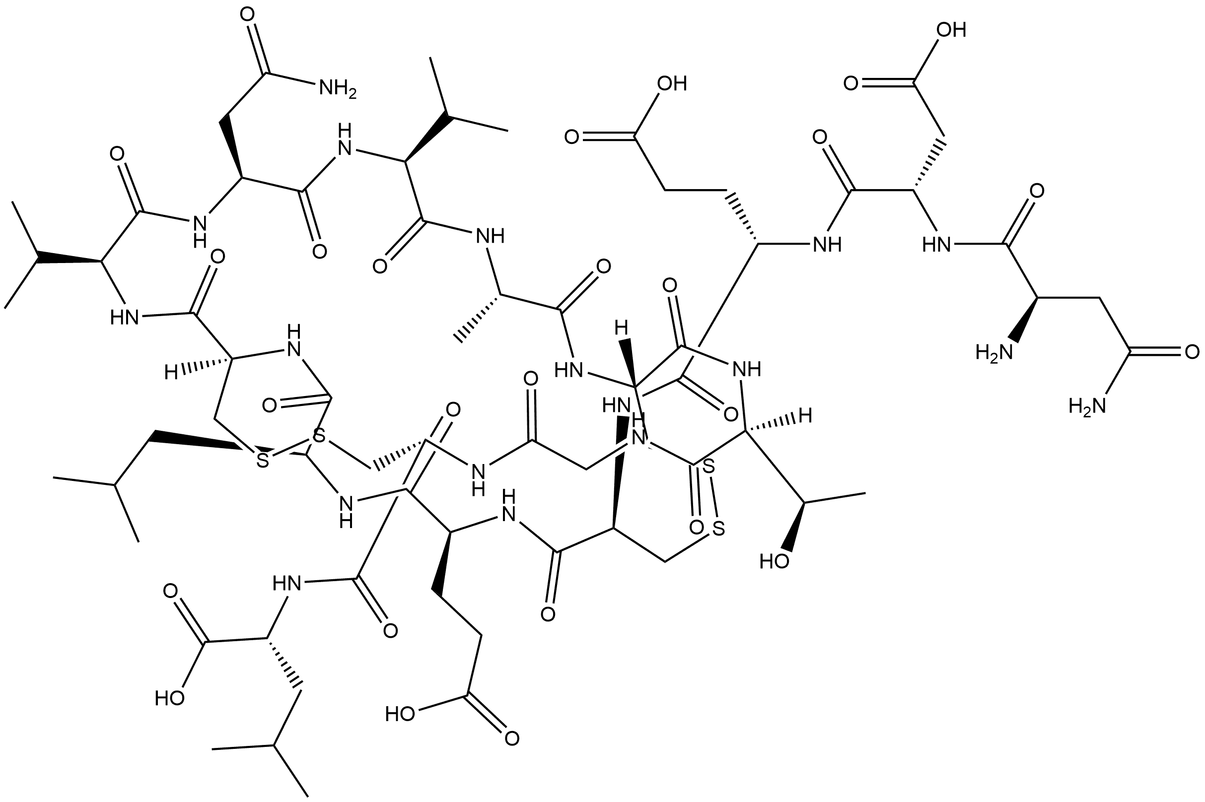 D-Leucine, D-asparaginyl-L-α-aspartyl-L-α-glutamyl-L-cysteinyl-L-α-glutamyl-L-leucyl-L-cysteinyl-L-valyl-L-asparaginyl-L-valyl-L-alanyl-L-cysteinyl-L-threonylglycyl-L-cysteinyl-, cyclic (4→12),(7→15)-bis(disulfide),1092457-65-2,结构式