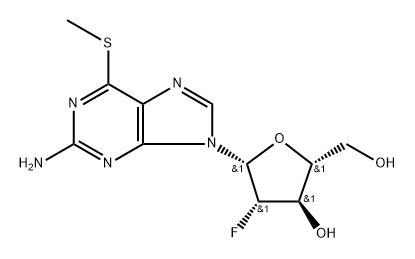 2-Amino-6-methythio-9-(2'-deoxy-2'-fluooro-beta-D-arabinofuranosyl)-9H-purine 化学構造式