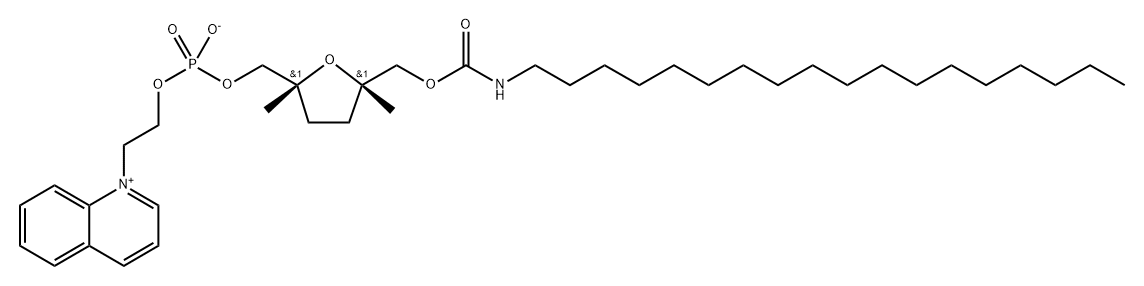 rac-[[[(2R*)-5-[[(オクタデシルカルバモイル)オキシ]メチル]-2α*,5α*-ジメチルテトラヒドロフラン]-2-イル]メチル][2-(キノリニウム-1-イル)エチル]ホスファート 化学構造式