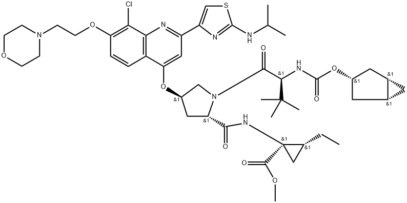 Cyclopropanecarboxyl?ic acid, N-?[[(1α,?3β,?5α)?-?bicyclo[3.1.0]?hex-?3-?yloxy]?carbonyl]?-?3-?methyl-?L-?valyl-?(4R)?-?4-?[[8-?chloro-?2-?[2-?[(1-?methylethyl)?amino]?-?4-?thiazolyl]?-?7-?[2-?(4-?morpholinyl)?ethoxy]?-?4-?quinolinyl]?oxy]?-?L-?prolyl-?1-?amino-?2-?ethyl-?, methyl ester, (1R,?2R)?- Struktur