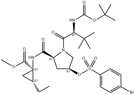 Cyclopropanecarboxyl?ic acid, N-?[(1,?1-?dimethylethoxy)?carbonyl]?-?3-?methyl-?L-?valyl-?(4S)?-?4-?[[(4-?bromophenyl)?sulfonyl]?oxy]?-?L-?prolyl-?1-?amino-?2-?ethyl-?, methyl ester, (1R,?2R)?- 化学構造式