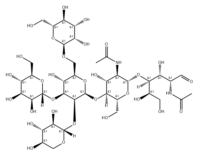 O-alpha-D-Mannopyranosyl-(1-3)-O-[alpha-D-mannopyranosyl-(1-6)]-O-[beta-D-xylopyranosyl-(1-2)]-O-beta-D-mannopyranosyl-(1-4)-O-2-(acetylamino)-2-deoxy-beta-D-glucopyranosyl-(1-4)-2-(acetylamino)-2-deoxy-D-glucose Struktur