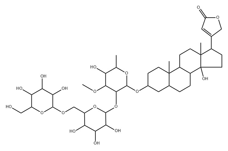 3β-[[2-O-(6-O-β-D-Glucopyranosyl-β-D-glucopyranosyl)-6-deoxy-3-O-methyl-α-L-glucopyranosyl]oxy]-14-hydroxy-5β,14β-card-20(22)-enolide,11005-70-2,结构式