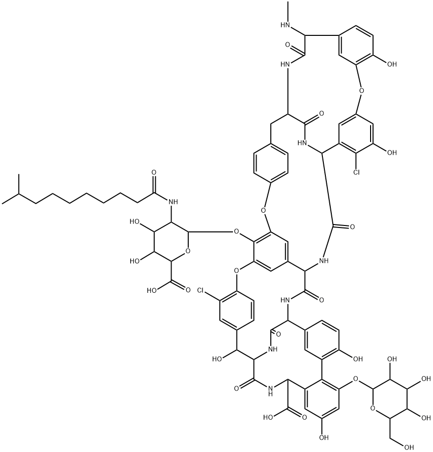 Ristomycin A aglycone, 5,31-dichloro-7-demethyl-64-O-demethyl-19-deoxy-56-O-[2-deoxy-2-[(9-methyl-1-oxodecyl)amino]-β-D-glucopyranuronosyl]-42-O-α-D-mannopyranosyl-N15-methyl-|