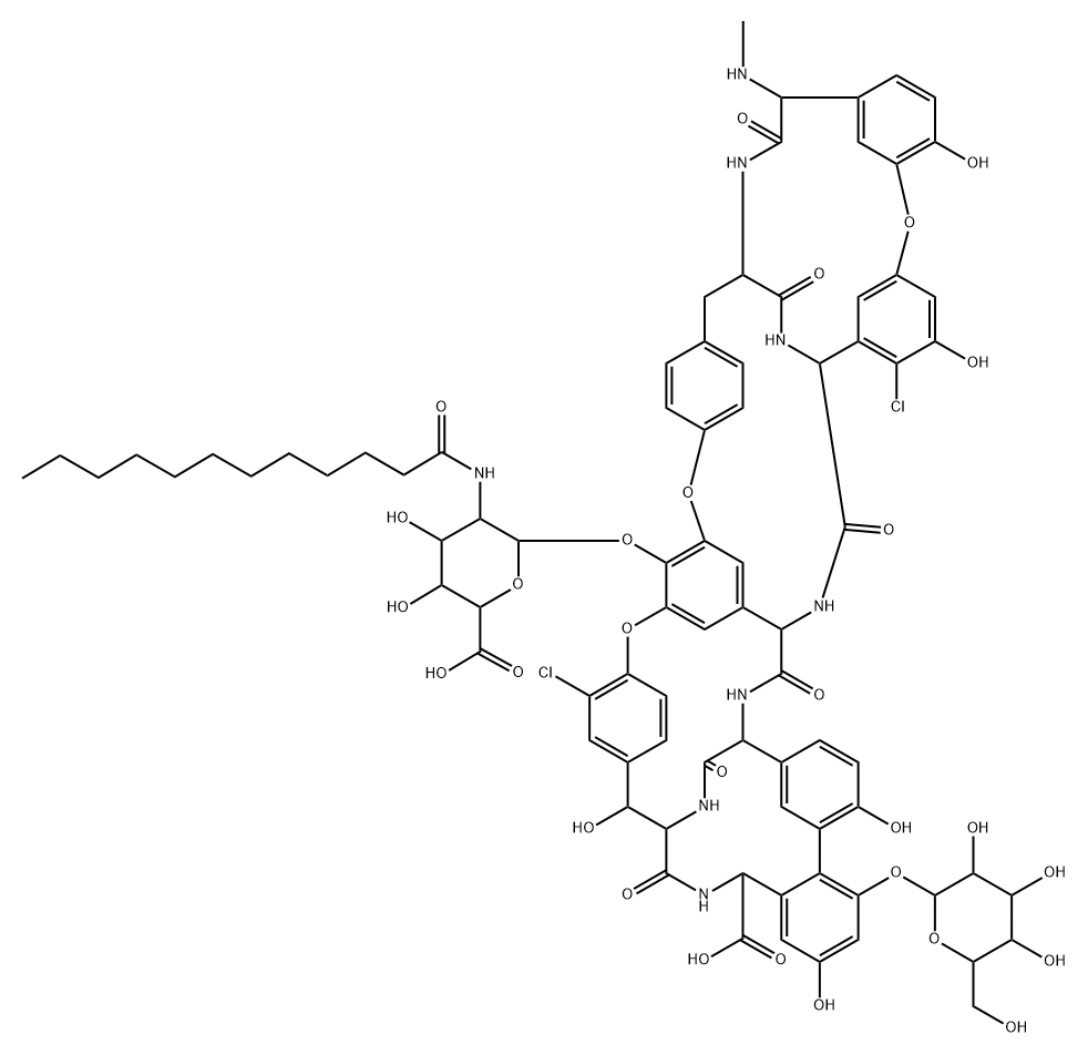 Ristomycin A aglycone, 5,31-dichloro-7-demethyl-64-O-demethyl-19-deoxy-56-O-[2-deoxy-2-[(1-oxododecyl)amino]-β-D-glucopyranuronosyl]-42-O-α-D-mannopyranosyl-N15-methyl-|
