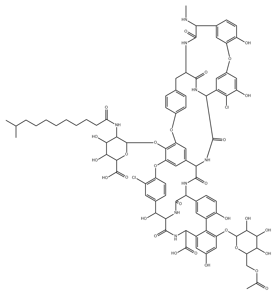 Ristomycin A aglycone,42-O-(6-O-acetyl-a-D-mannopyranosyl)-5,31-dichloro-7-demethyl-64-O-demethyl-19-deoxy-56-O-[2-deoxy-2-[(10-methyl-1-oxoundecyl)amino]-b-D-glucopyranuronosyl]-N15-methyl-(9CI) Structure