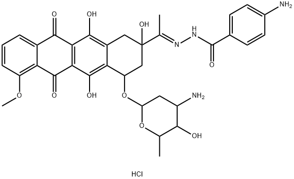 Benzoic acid, 4-amino-, [1-[4-[(3-amino-2,3,6-trideoxy-α-L-lyxo-hexopyranosyl)oxy]-1,2,3,4,6,11-hexahydro-2,5,12-trihydroxy-7-methoxy-6,11-dioxo-2-naphthacenyl]ethylidene]hydrazide, monohydrochloride, (2S-cis)- (9CI) Structure