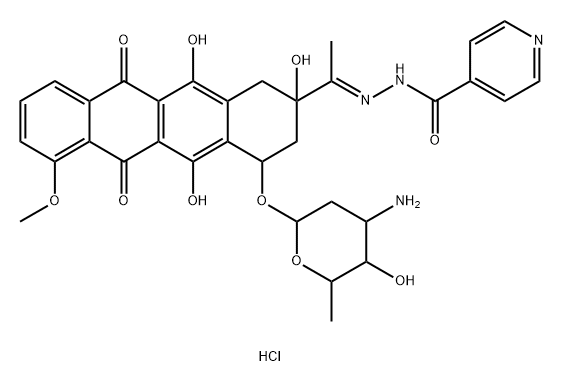 4-Pyridinecarboxylic acid, [1-[4-[(3-amino-2,3,6-trideoxy-α-L-lyxo-hexopyranosyl)oxy]-1,2,3,4,6,11-hexahydro-2,5,12-trihydroxy-7-methoxy-6,11-dioxo-2-naphthacenyl]ethylidene]hydrazide, monohydrochloride, (2S-cis)- (9CI) 化学構造式