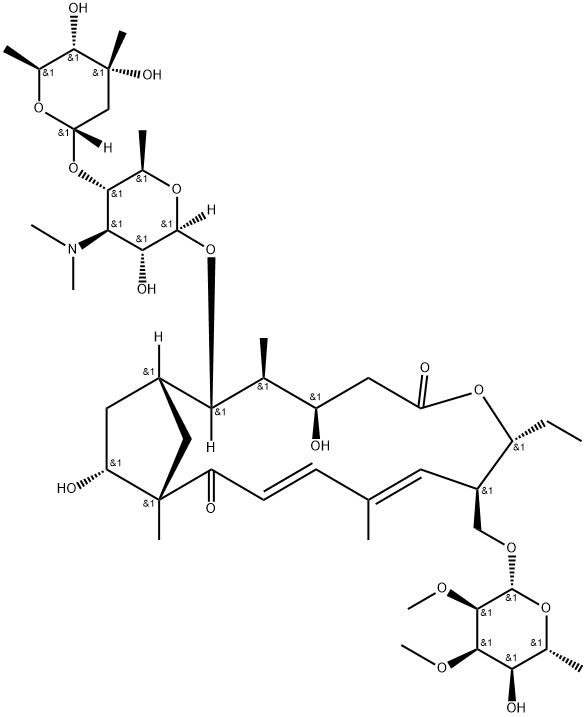 7-Oxabicyclo[13.2.1]octadeca-10,12-diene-6,14-dione, 9-[[(6-deoxy-2,3-di-O-methyl-β-D-allopyranosyl)oxy]methyl]-2-[[3,6-dideoxy-4-O-(2,6-dideoxy-3-C-methyl-α-L-ribo-hexopyranosyl)-3-(dimethylamino)-β-D-glucopyranosyl]oxy]-8-ethyl-4,16-dihydroxy-3,11,15-trimethyl-, (1R,2S,3S,4R,8R,9R,10E,12E,15S,16R)- Struktur