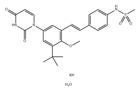 Methanesulfonamide, N-[4-[(1E)-2-[5-(3,4-dihydro-2,4-dioxo-1(2H)-pyrimidinyl)-3-(1,1-dimethylethyl)-2-methoxyphenyl]ethenyl]phenyl]-, potassium salt, hydrate (1:1:3) 化学構造式