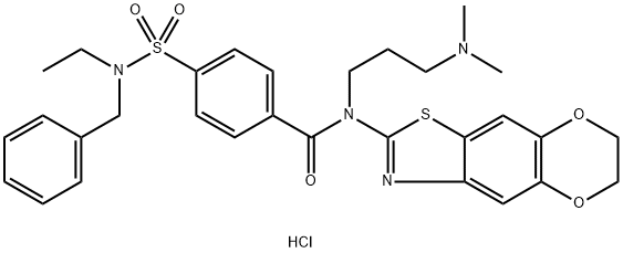 4-[benzyl(ethyl)sulfamoyl]-N-(6,7-dihydro-[1,4]dioxino[2,3-f][1,3]benzothiazol-2-yl)-N-[3-(dimethylamino)propyl]benzamide:hydron:chloride Struktur
