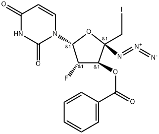 2,4(1H,3H)-Pyrimidinedione, 1-(4-C-azido-3-O-benzoyl-2,5-dideoxy-2-fluoro-5-iodo-β-D-arabinofuranosyl)- Struktur