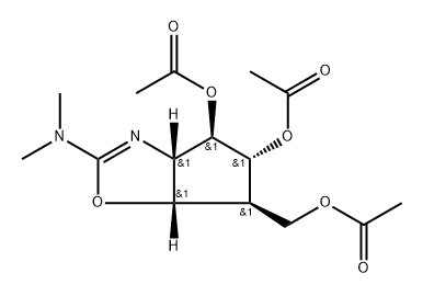 4H-Cyclopentoxazole-4,5-diol, 6-(acetyloxy)methyl-2-(dimethylamino)-3a,5,6,6a-tetrahydro-, diacetate (ester), (3aS,4R,5R,6S,6aS)- 结构式