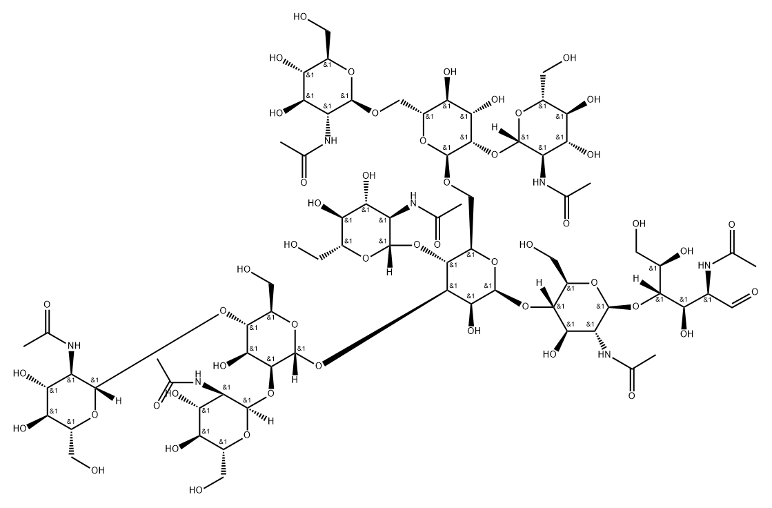 O-2-(乙酰氨基)-2-脱氧-ALPHA-D-吡喃葡萄糖基-(1-2)-O-[2-(乙酰氨基)-2-脱氧-BETA-D-吡喃葡萄糖基-(1-4)]-O-ALPHA-D-甘露糖基-(1-3)-O-[2-(乙酰氨基)-2-脱氧-BETA-D-吡喃葡萄糖基-(1-4)]-O-[O-2-(乙酰氨基)-2-脱氧-BETA-D-吡喃葡萄糖基-(1-2)-O-[2-(乙酰氨基)-2-脱氧-BETA-D-吡喃葡萄糖基-(1-6)]-ALPHA-D-甘露糖基-(1-6)]-O-BETA-D-甘露糖基-(1-4)-O-2-(乙酰氨基)-2-脱氧-BETA-D-吡喃葡萄糖基-(1-4)-2-(乙酰氨基)-2-脱氧,115403-70-8,结构式