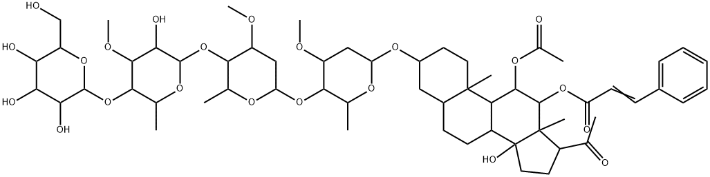 Pregnan-20-one, 11-(acetyloxy)-3-[(O-β-D-glucopyranosyl-(1→4)-O-6-deoxy-3-O-methyl-β-D-allopyranosyl-(1→4)-O-2,6-dideoxy-3-O-methyl-β-D-arabino-hexopyranosyl-(1→4)-2,6-dideoxy-3-O-methyl-β-D-ribo-hexopyranosyl)oxy]-14-hydroxy-12-[(1-oxo-3-phenyl-2-propen-1-yl)oxy]-, (3β,5α,11α,12β,14β)- Struktur