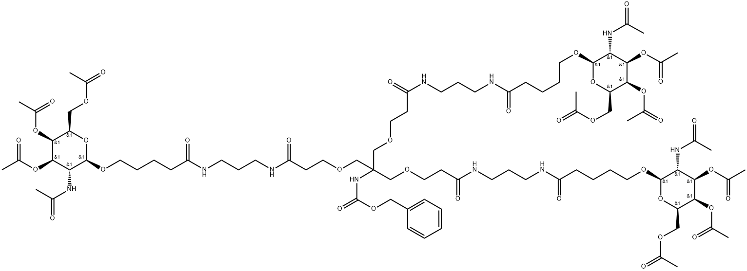 5-Oxa-2,9,13-triazaoctadecanoic acid, 8,14-dioxo-3,3-bis[[3-oxo-3-[[3-[[1-oxo-5-[[3,4,6-tri-O-acetyl-2-(acetylamino)-2-deoxy-β-D-galactopyranosyl]oxy]pentyl]amino]propyl]amino]propoxy]methyl]-18-[[3,4,6-tri-O-acetyl-2-(acetylamino)-2-deoxy-β-D-galactopyranosyl]oxy]-, phenylmethyl ester 化学構造式