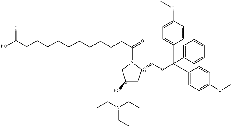 1-Pyrrolidinedodecanoic acid, 2-[[bis(4-methoxyphenyl)phenylmethoxy]methyl]-4-hydroxy-λ-oxo-, (2S,4R)-, compd. with N,N-diethylethanamine (1:1) Structure